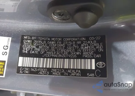 2022 Toyota Corolla Le z USA, uszkodzony, nr VIN JTDEPMAE8N3019226